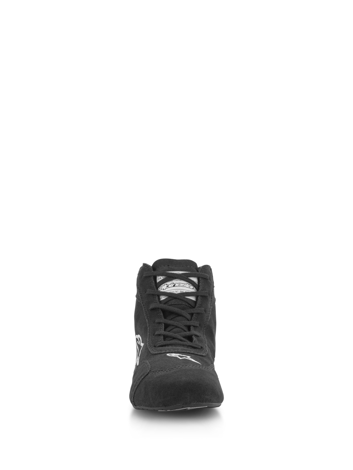 Alpinestars SP V2 Schuhe, Autorenn-Schuhe, Schwarz, Vorderansicht mit hochwertigem Wildleder-Obermaterial, asymmetrischem Schnürsystem, weißem Alpinestars-Logo auf der Zehenkappe, professionelles Motorsport-Schuhwerk