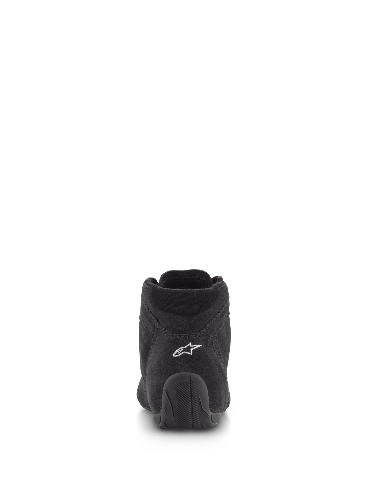 Alpinestars SP V2 Schuhe, Autorennschuhe, Schwarz, Rückansicht mit hochwertigem Wildleder-Obermaterial, weißem Logo an der Ferse und strukturierter Gummisohle, professionelles Motorsport-Schuhwerk