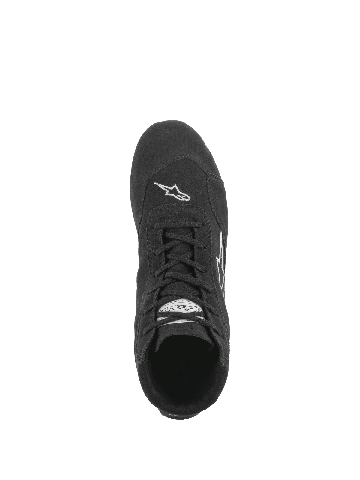 Alpinestars SP V2 Schuhe, Auto-Rennschuhe, Schwarz, Draufsicht zeigt das asymmetrische Schnürsystem, die hochwertige Wildlederkonstruktion und das weiße Astars-Logo-Branding auf der Zehenkappe