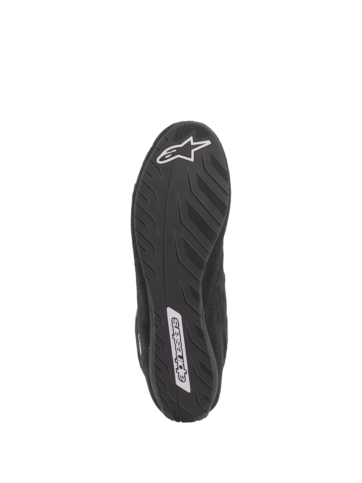 Alpinestars SP V2 Schuhe, Auto-Rennschuhe, Schwarz, Unteransicht der ultradünnen Sohle nach Formel-1-Spezifikation, strukturierter Grip für optimales Pedalgefühl, mit weißen Alpinestars-Logos an der Ferse und im Mittelfußbereich