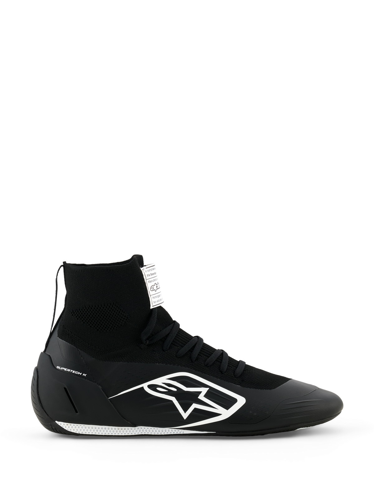 Alpinestars Supertech K Schuhe FIA, Schwarze Kart-Rennschuhe, High-Top-Strickdesign mit weißem Logo, Sockenähnlicher Knöchelbund, Weiße strukturierte Sohle, FIA-zertifiziert