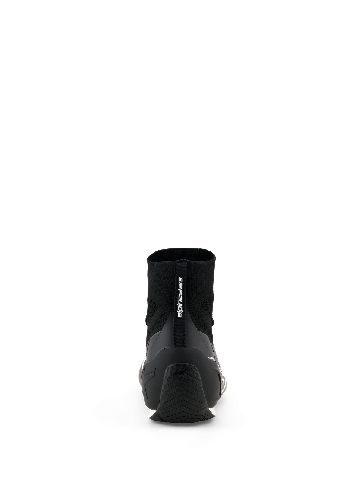 Alpinestars Supertech K Schuhe - FIA, Karting-Schuhe, Schwarz, Rückansicht mit gestrickter Oberkonstruktion und TPU-Fersenkappe, Alpinestars-Logo auf der Fersenzuglasche, professionelles Motorsport-Schuhwerk