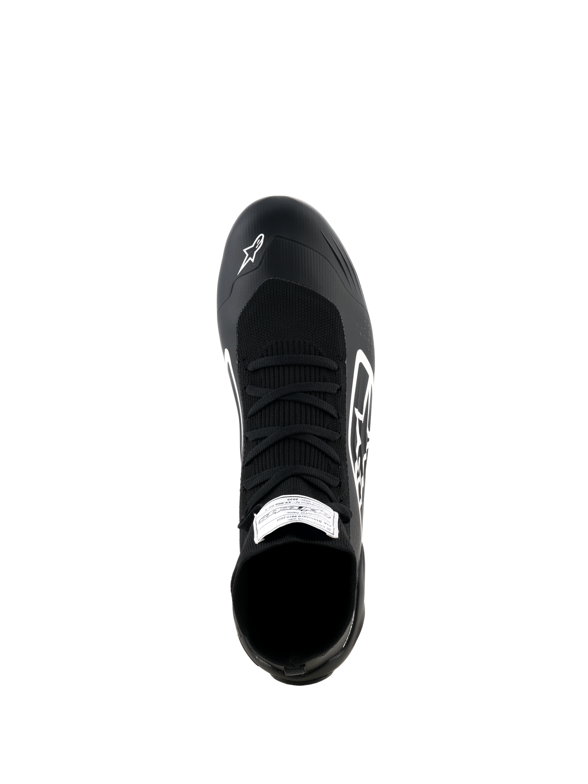 Alpinestars Supertech K Schuhe, Karting-Schuhe, Schwarz und Weiß, Draufsicht mit vollständig gestricktem Obermaterial, schwarzen Schnürsenkeln, weißem Alpinestars-Logo auf der Zehenkappe und FIA-Zertifizierungslabel auf der Zunge