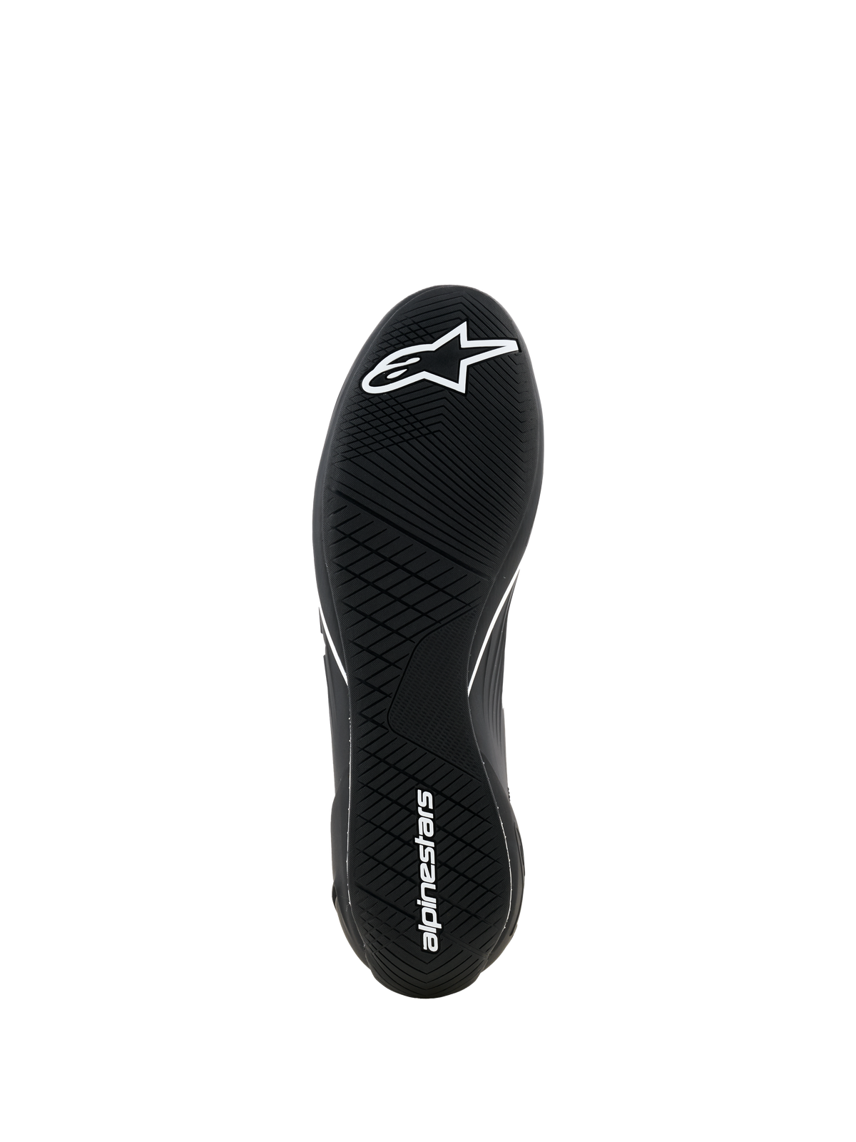 Alpinestars Supertech K Schuhe - FIA, Karting-Schuhe, Schwarz, Unteransicht der ultradünnen Gummiaußensohle mit asymmetrischem Profil, weißes Stern-Logo auf dem Vorderfuß und weißer Markenname an der Ferse, entwickelt für maximales Pedalgefühl.