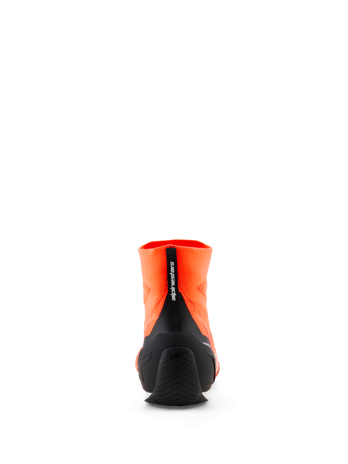 Alpinestars Supertech K Schuhe - FIA, Karting-Schuhe, Orange Fluo und Schwarz, Rückansicht mit gestricktem Obermaterial, schwarzer gespritzter TPU-Fersenkappe und vertikaler Anziehhilfe mit Alpinestars-Branding, professionelles Motorsport-Schuhwerk