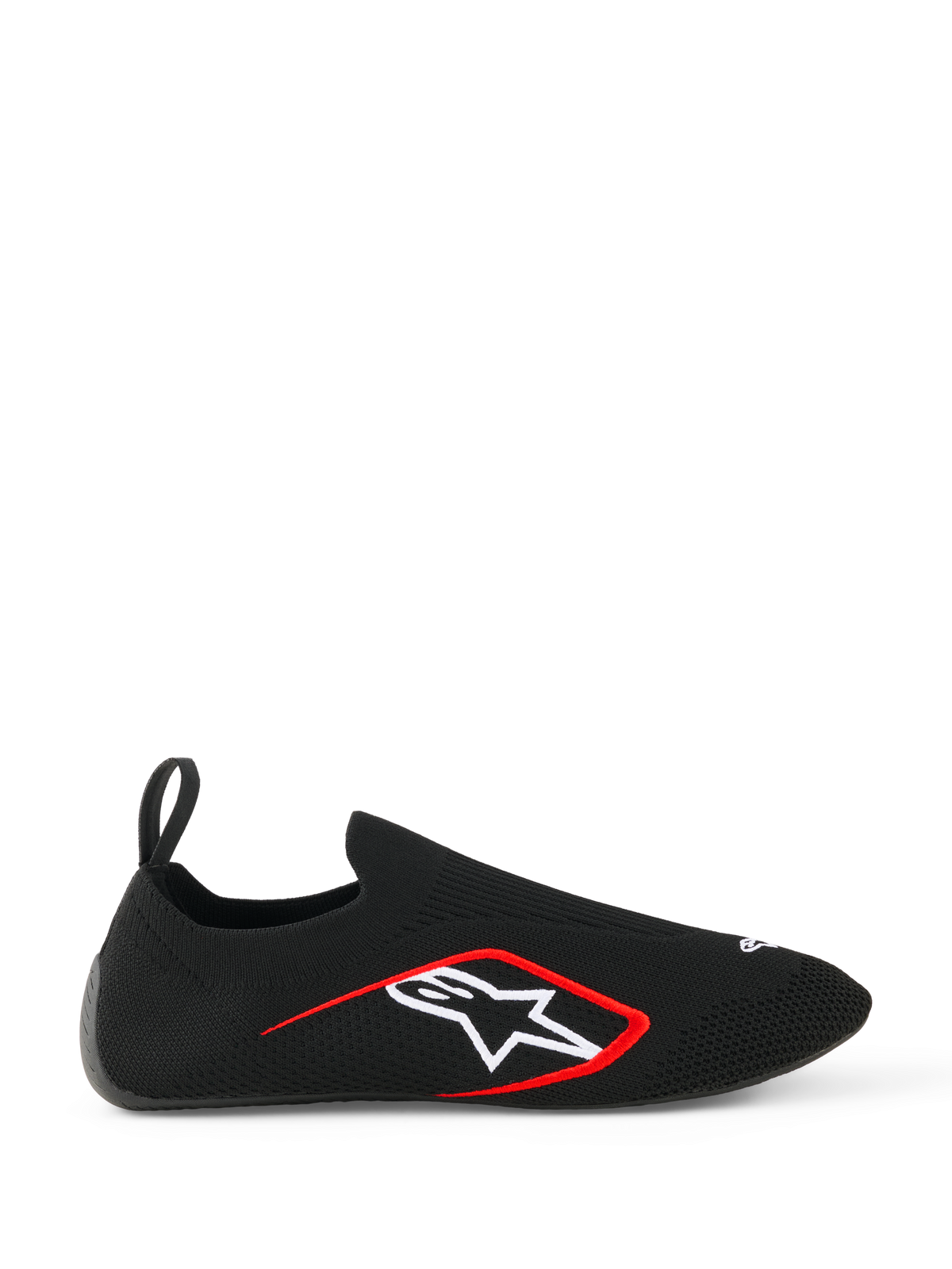 Alpinestars Tech Gaming-Schuhe, Sim-Racing-Schuhe, Schwarz, Seitenprofil mit nahtlosem, gestricktem Stretch-Obermaterial, weißes Alpinestars-Sternlogo mit roter Umrandung, hintere Zuglasche, sockenähnliche Passform für virtuelles Racing