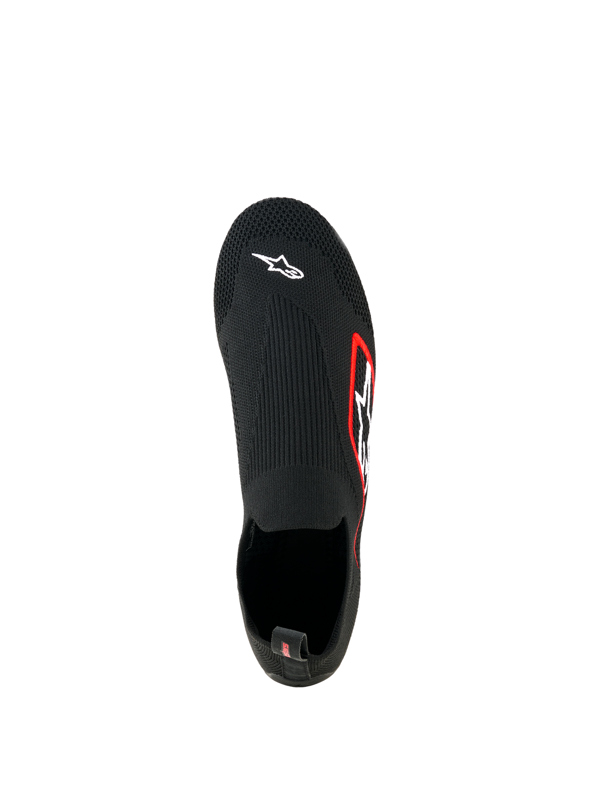 Alpinestars Tech Gaming-Schuhe, Sim-Racing-Schuhe, Schwarz, Draufsicht, nahtloses gestricktes Stretch-Obermaterial mit weißem Astar-Logo auf der Zehenpartie, rot umrandetes Logo an der Seite, leichtes sockenähnliches Design