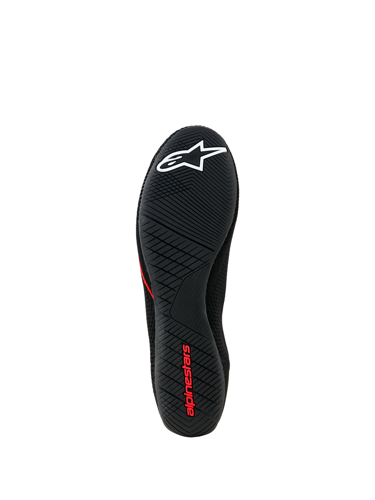 Alpinestars Tech Gaming-Schuhe, Ansicht der Außensohle, schwarze ultradünne Gummisohle mit strukturiertem Profilmuster, weißes Stern-Logo und rotes Alpinestars-Branding, SIM-Racing-Schuhwerk