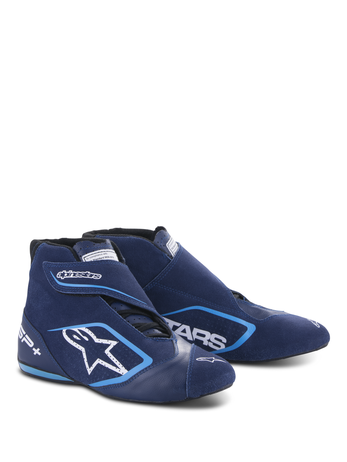 Alpinestars SP+ Schuhe N, Auto-Rennschuhe, Ultramarinblau und Hellblau, hoch geschnittenes Design aus Wildleder und Leder, mit großem weißem Stern-Logo und SP+-Branding, aerodynamische Form für professionellen Motorsport.