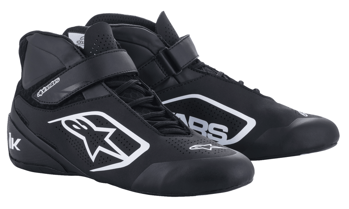 Alpinestars Tech-1 K V2 Shoes, Men's Karting Shoes, Black and White, perforated nubuck microfiber with dual closure.