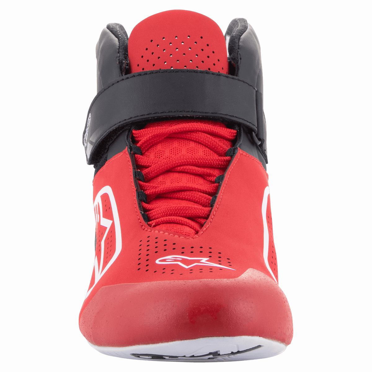 Alpinestars Tech-1 K V2 Schuhe, Karting-Schuhe, Rot, Schwarz und Weiß, Vorderansicht mit einem schwarzen Klettverschlussriemen am Knöchel und roten Schnürsenkeln, perforiertes rotes Obermaterial mit weißen Astars-Logos, ergonomisches Design für den Kartsport