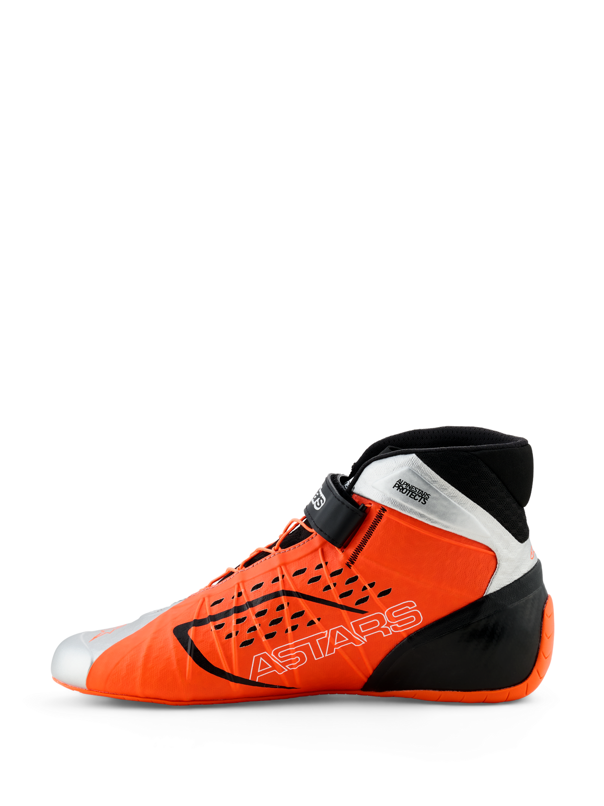 Alpinestars Tech-1 KX V3 Schuhe, Kartschuhe, Orange Fluo, Schwarz und Silber, Seitenansicht, mit dem ASTARS-Logo auf der Seite, verstellbarem Knöchelriemen und schlankem aerodynamischem Design für den professionellen Rennsport.