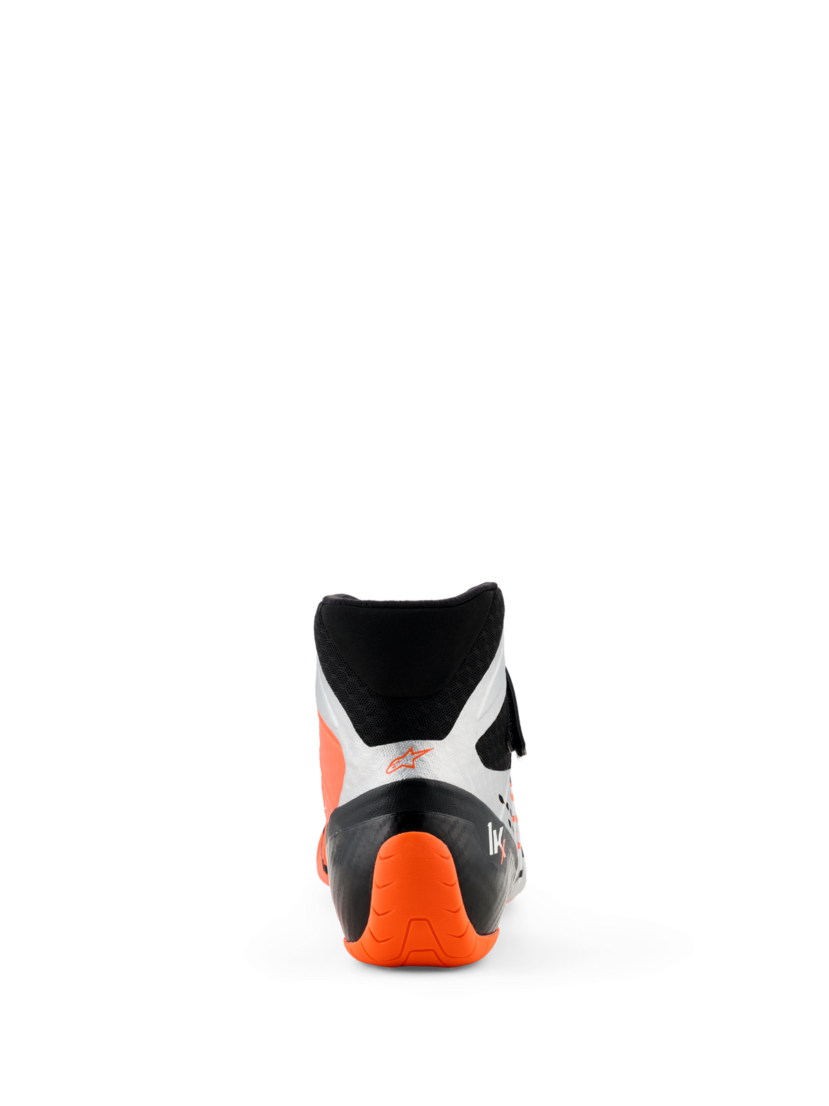 Alpinestars Tech-1 KX V3 Schuhe, Karting-Schuhe, Schwarz, Silber und Fluo-Orange, Rückansicht mit leuchtend oranger strukturierter Ferse und silbernen Seitenpaneelen, hoch geschnittenes Design für professionellen Rennsport
