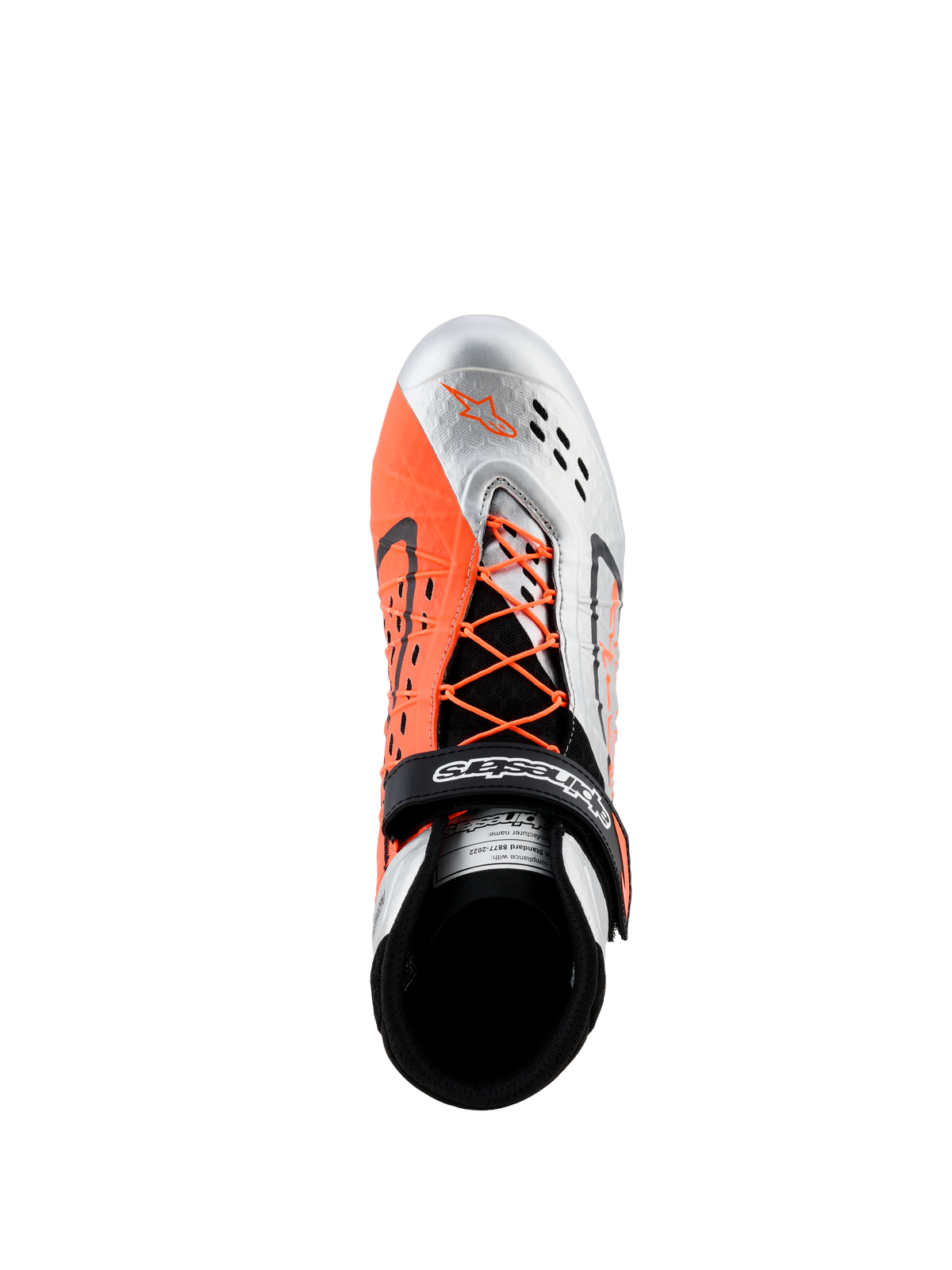 Alpinestars Tech-1 KX V3 Schuhe - FIA, Karting-Schuhe, Schwarz, Silber und Orange Fluo, Draufsicht mit asymmetrischer Schnürung und orangen Schnürsenkeln, Klettverschluss-Riemen mit Logo und atmungsaktiven lasergeschnittenen Perforationen auf der silbernen Zehenpartie.