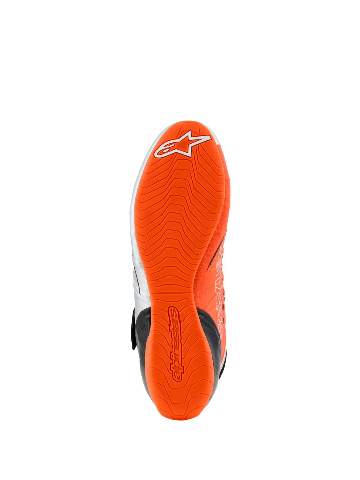 Alpinestars Tech-1 KX V3 Schuhe, Sohlenansicht, leuchtend orange-fluoreszierender Gummi, wellenförmige Profilstruktur mit weißem Logo und geprägtem Markenschriftzug, entwickelt für Grip beim Kartfahren und Pedalgefühl