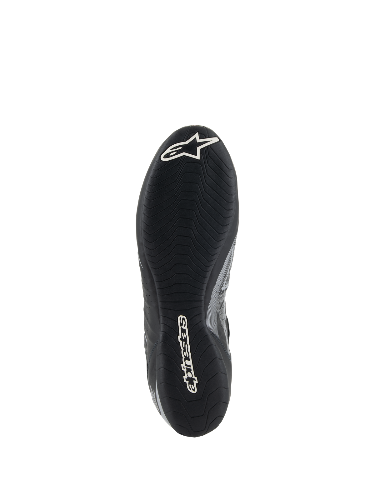 Alpinestars Tech-1 Z V3 Schuhe FIA, Schwarz-Silber, Ansicht der Rennschuhsohle mit einer aus der F1 abgeleiteten dünnen Gummiaußensohle mit asymmetrischem Profil, weißes Branding inklusive Astar-Logo und Alpinestars-Schriftzug