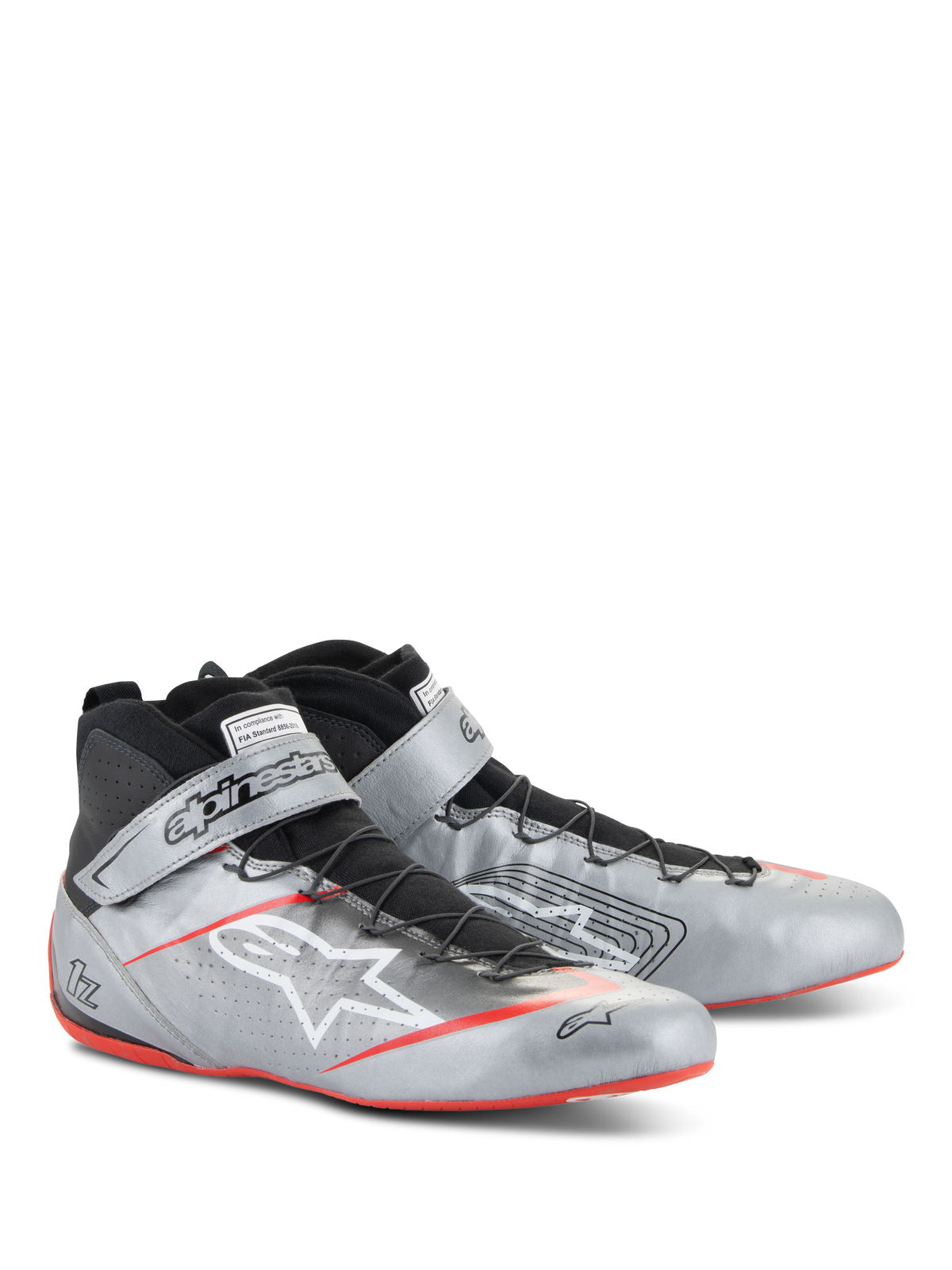 Alpinestars Tech-1 Z V3 Shoes FIA, Auto Racing Shoes, Dark Silver with Black and Red accents, metallic silver leather upper with black speed lacing system, branded ankle strap, and thin red sole detailing.