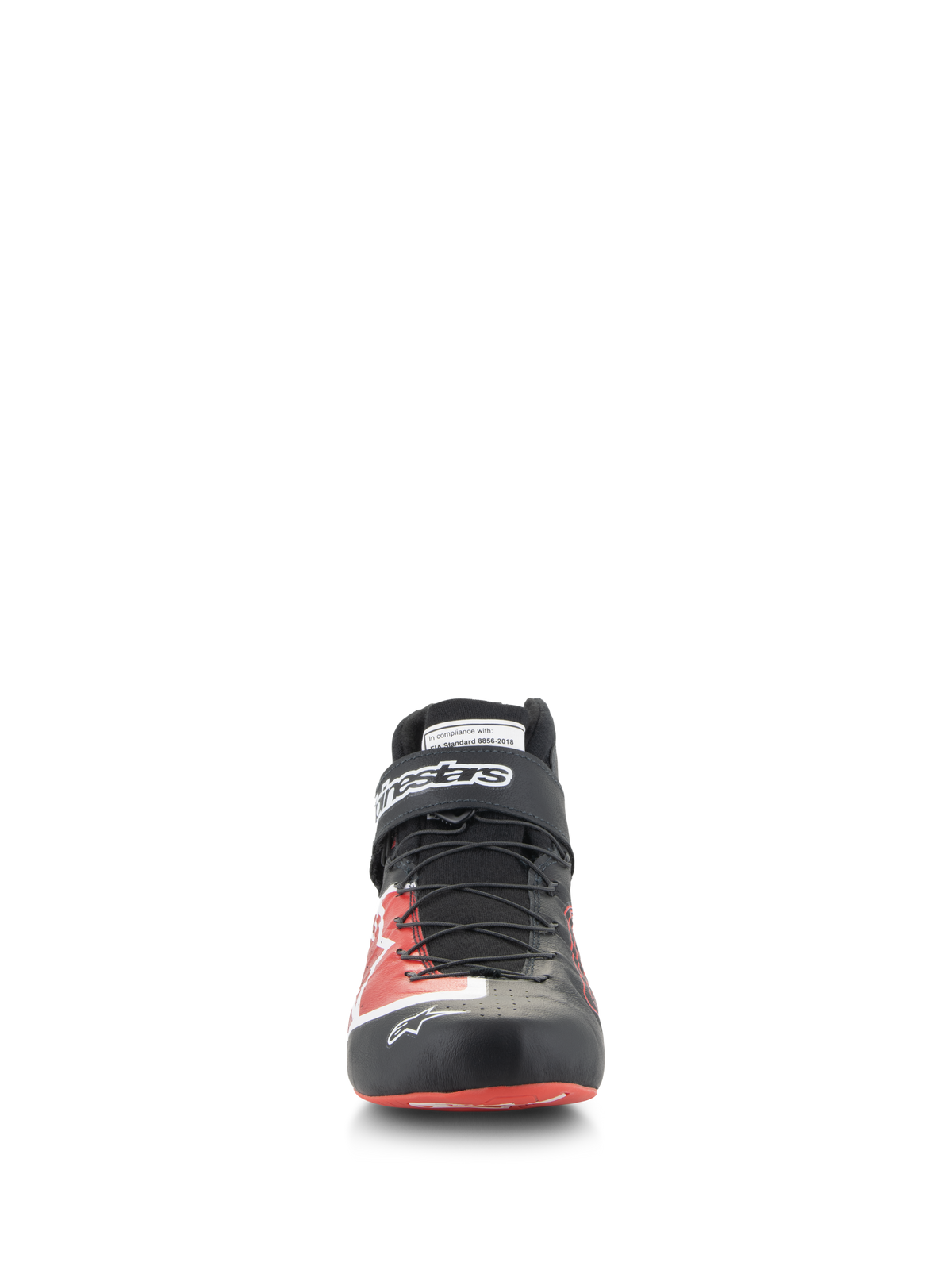 Alpinestars Tech-1 Z V3 Schuhe FIA, Auto-Rennschuhe, Schwarz und Rot, Vorderansicht, mit Schnellschnürsystem, Klettverschluss am Knöchel mit weißem Branding, Obermaterial aus hochwertigem Leder mit roten grafischen Akzenten, professionelles Motorsport-Schuhwerk