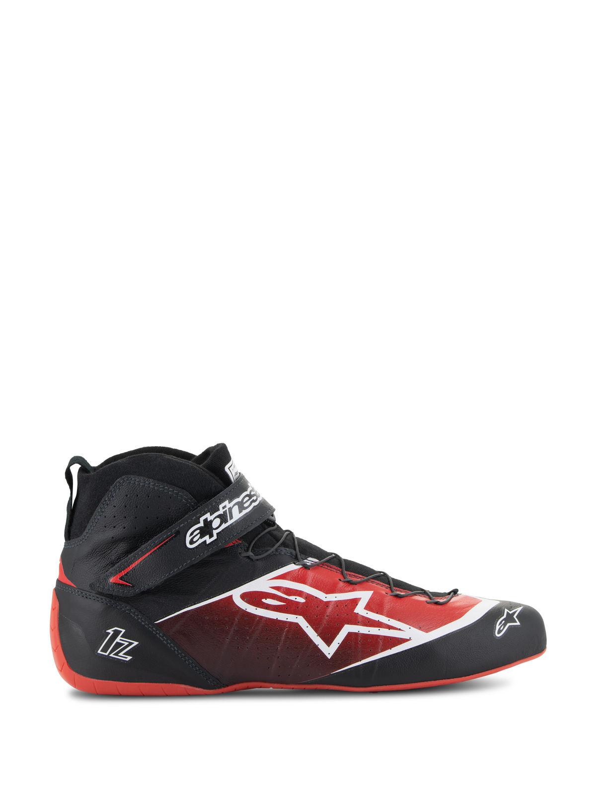 Alpinestars Tech-1 Z V3 Schuhe FIA, Motorsport-Rennschuhe, Schwarz und Rot, High-Top-Design mit weißem Stern-Logo, glänzendes Finish mit strukturierten Perforationen, rote geschwungene Sohle, FIA-zertifiziert, Knöchelriemen mit Markenschriftzug, stromlinienförmiges Motorsport-Schuhwerk