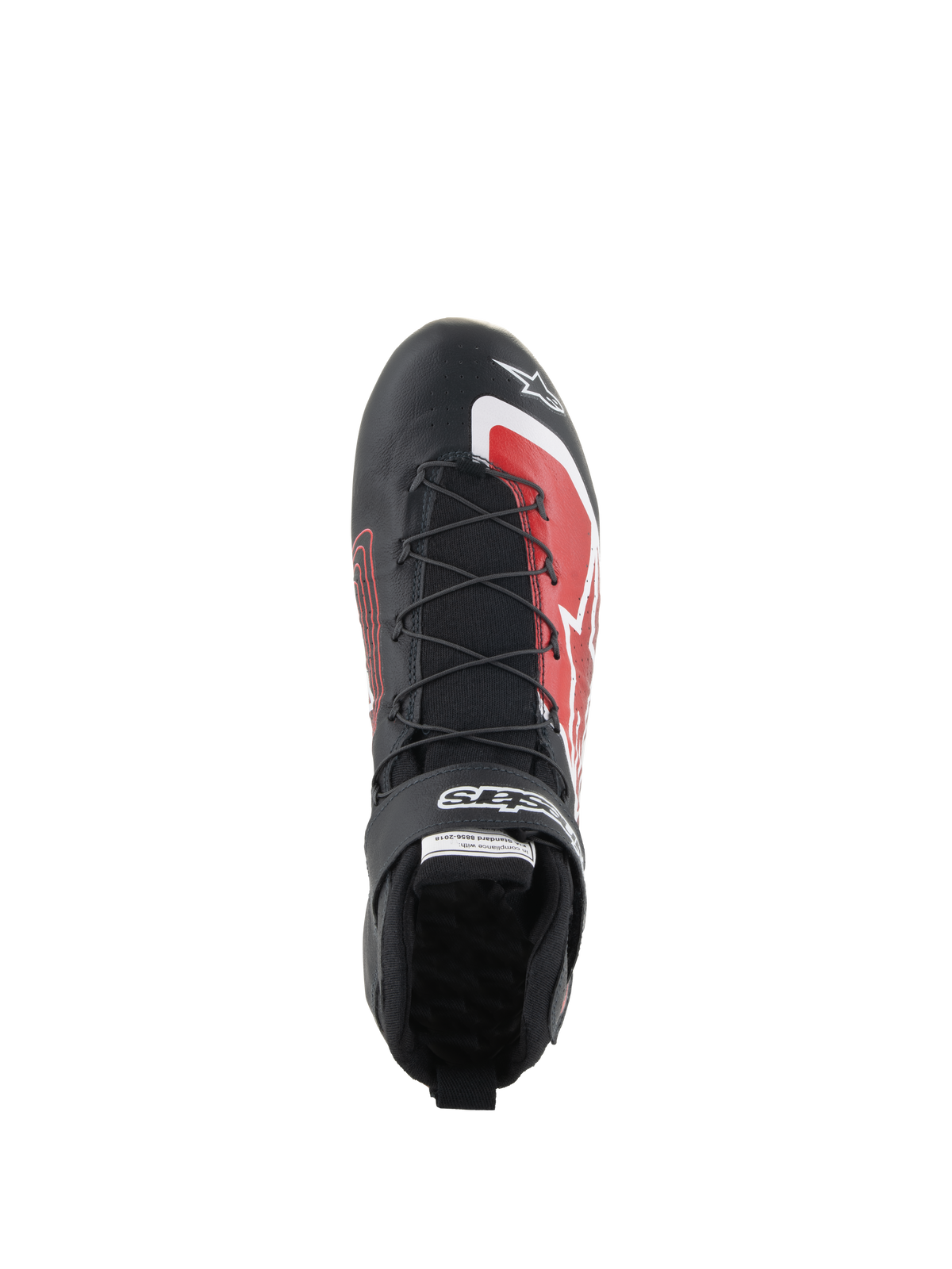 Alpinestars Tech-1 Z V3 Schuhe FIA, Auto-Rennschuhe, Schwarz und Rot, Draufsicht mit Schnellschnürsystem, Klettverschluss mit Branding und roten grafischen Akzenten an der Zehenpartie, schlankes Lederdesign für Motorsport-Performance