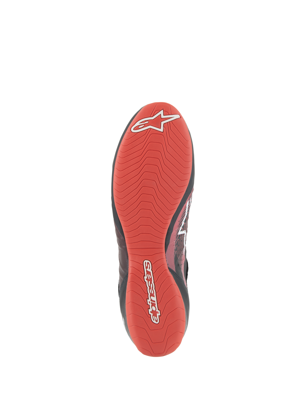 Alpinestars Tech-1 Z V3 Schuhe FIA, Unteransicht der Rennschuhsohle, strukturierter Gummi in kräftigem Rot, asymmetrisches Profil für hohen Grip und Pedalsensibilität, weißes Alpinestars-Logo und Schriftzug