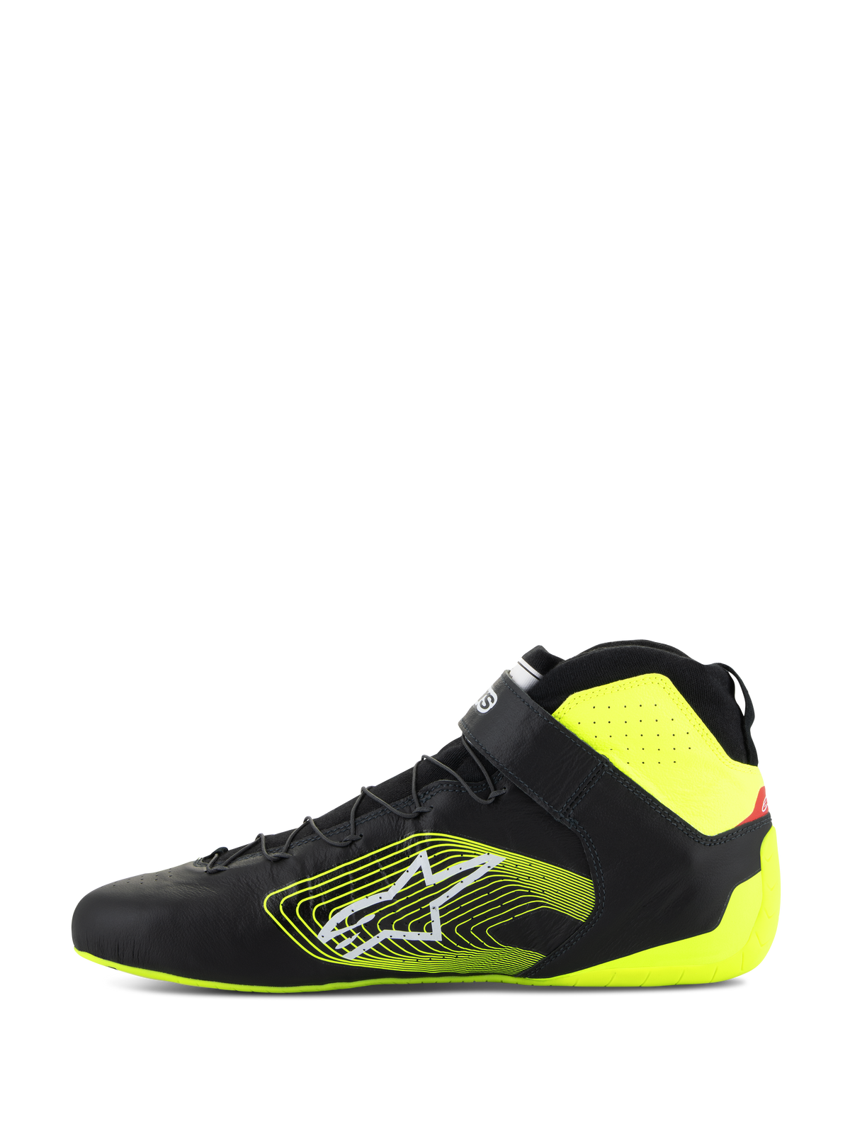 Alpinestars Tech-1 Z V3 Schuhe FIA, Automobil-Rennschuhe, Schwarz und Gelb Fluo, Seitenansicht, Obermaterial aus Premium-Leder mit Schnellschnürsystem und Knöchelriemen, auffälliges gelbes Grafik-Logo an der Seite, leuchtgelbe Akzente an Ferse und Kragen
