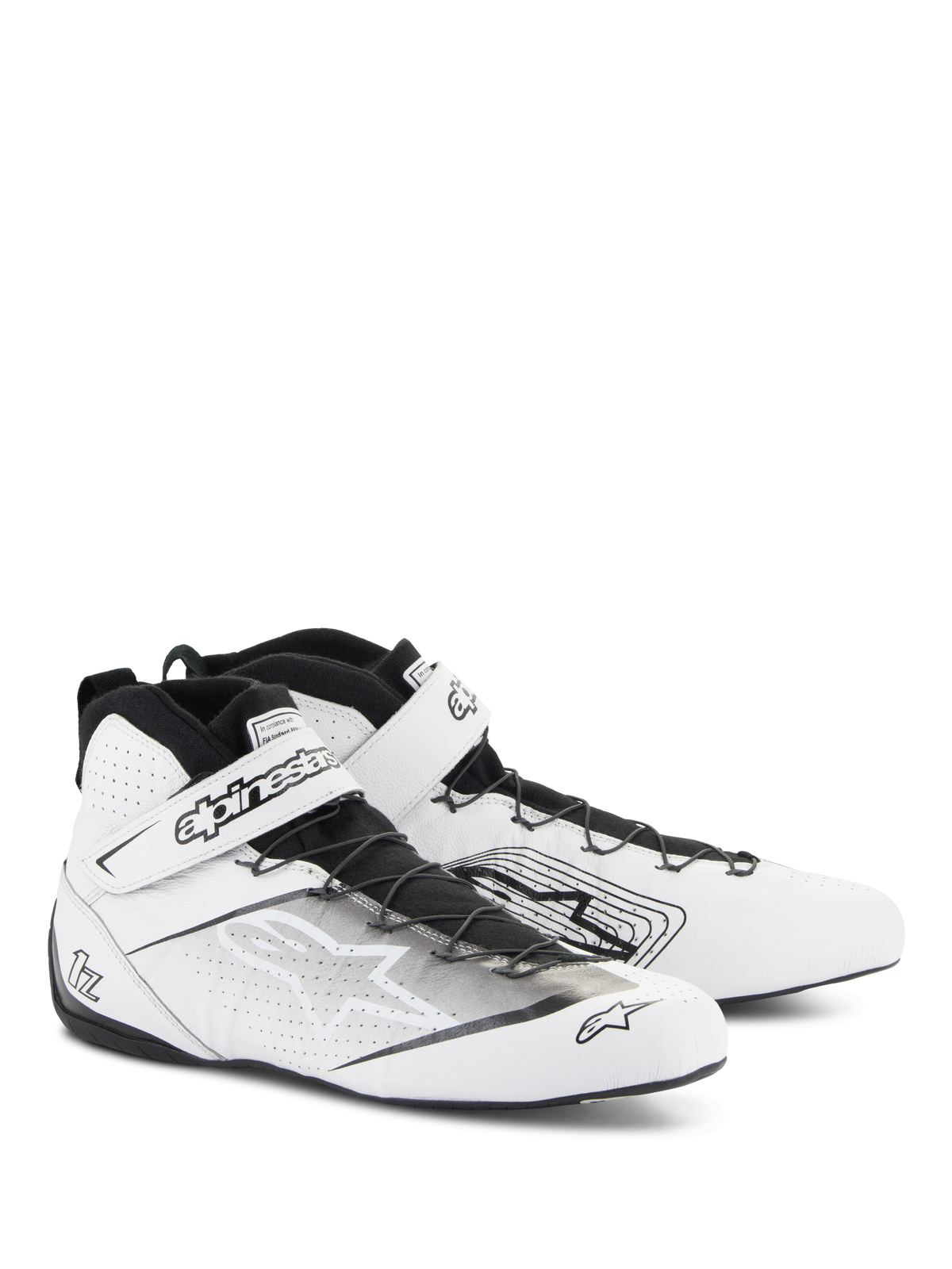 Alpinestars Tech-1 Z V3 Shoes FIA, Auto Racing Shoes, White and Black, featuring premium bovine leather with perforated panels, speed lacing system with a secure Velcro strap, sleek professional motorsport design