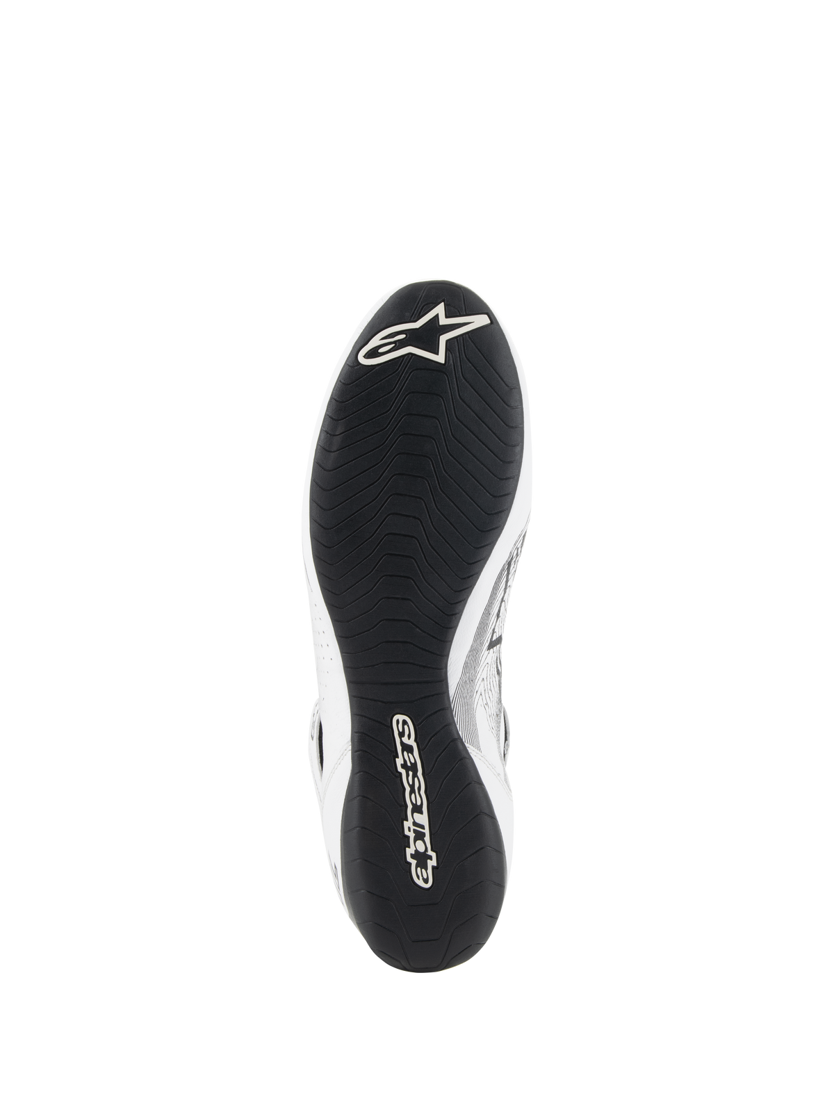 Alpinestars Tech-1 Z V3 Shoes FIA, Auto Racing Shoes, White and Black, bottom view showing the F1-derived thin rubber outsole with asymmetric tread, white Alpinestars logo on the toe and branding on the heel