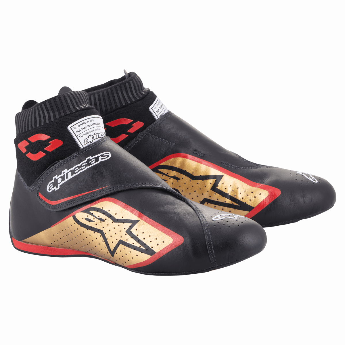 Alpinestars Supermono V2 Schuhe FIA, Auto-Rennschuhe, Schwarz, Gold und Rot, ultraleichte Lederkonstruktion, mit goldenem Stern-Logo mit roten Konturen, sockenähnlichem elastischem Kragen und Klettverschluss