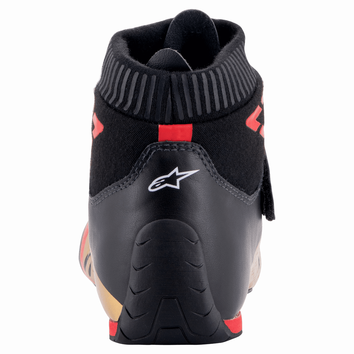 Alpinestars Supermono V2 Schuhe FIA, Rückansicht der Rennschuh-Ferse, Schwarz mit weißem Stern-Logo und roten Akzenten, gerippter feuerfester Kragen und stromlinienförmige Lederkonstruktion