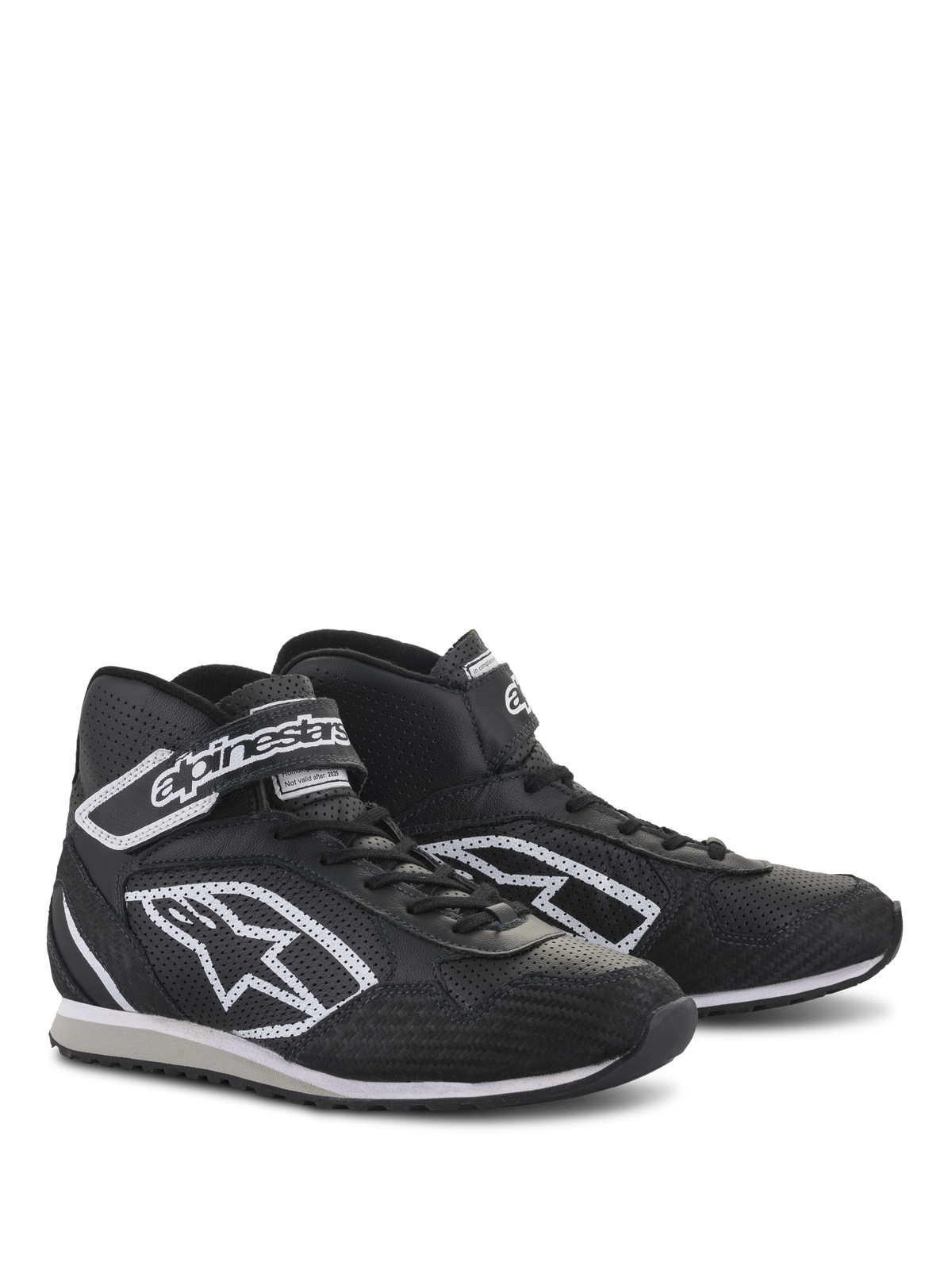 Alpinestars Radar Shoes, professional pit-crew footwear, Black and White, leather construction with perforated cooling zones, features white Astars logo on the side and adjustable ankle strap with branding, durable rubber sole for garage use