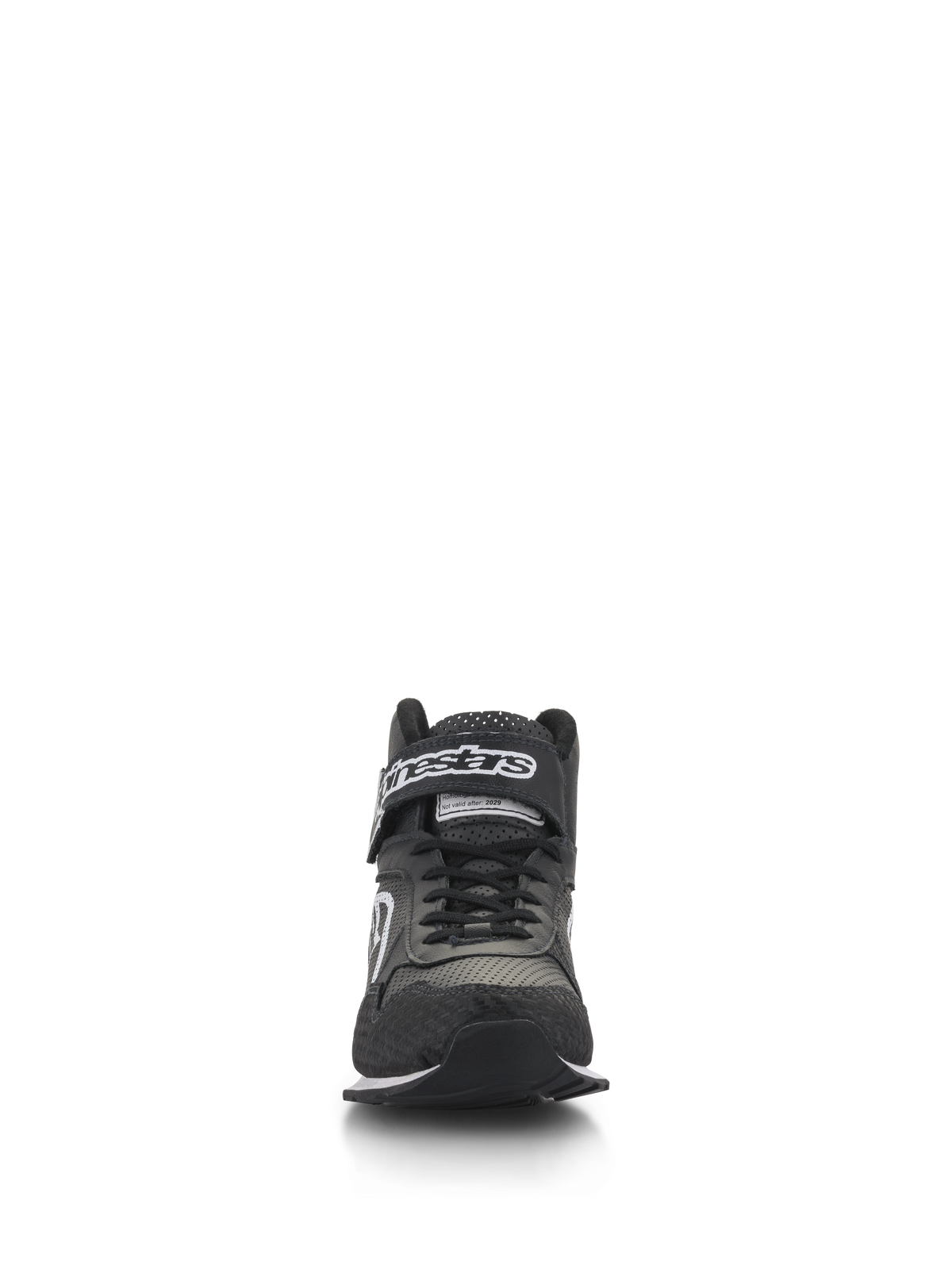 Alpinestars Radar Shoes, Auto Racing Pit Crew Shoes, Black and White, front view showing black laces and a hook-and-loop ankle strap with white branding, perforated leather upper with reinforced toe, professional pit crew footwear