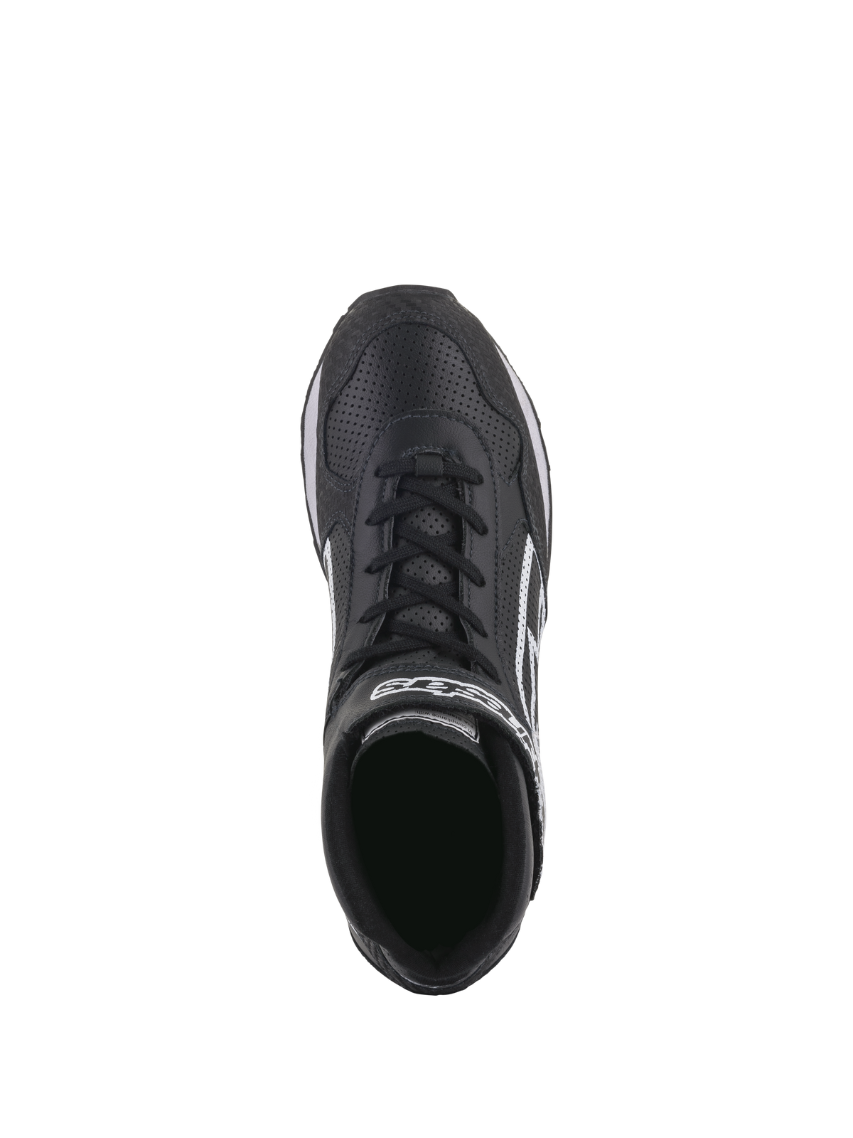 Alpinestars Radar Shoes, Auto Racing Pit Crew Shoes, Black and White, top-down view highlighting perforated leather upper, dual closure system with laces and hook-and-loop strap, white Alpinestars logo, durable design for professional pit stops