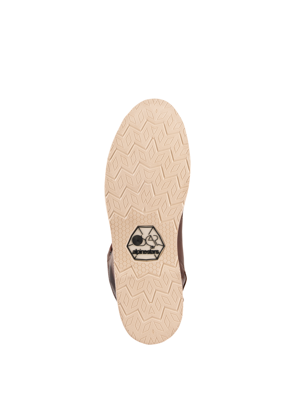 Alpinestars Oscar Monty V2 Schuhe, Sohlenansicht, hellbeige Keillaufsohle mit geometrischem Rautenprofil, schwarzes OSCAR by Alpinestars Logo, urbaner Motorradschuh aus braunem Leder