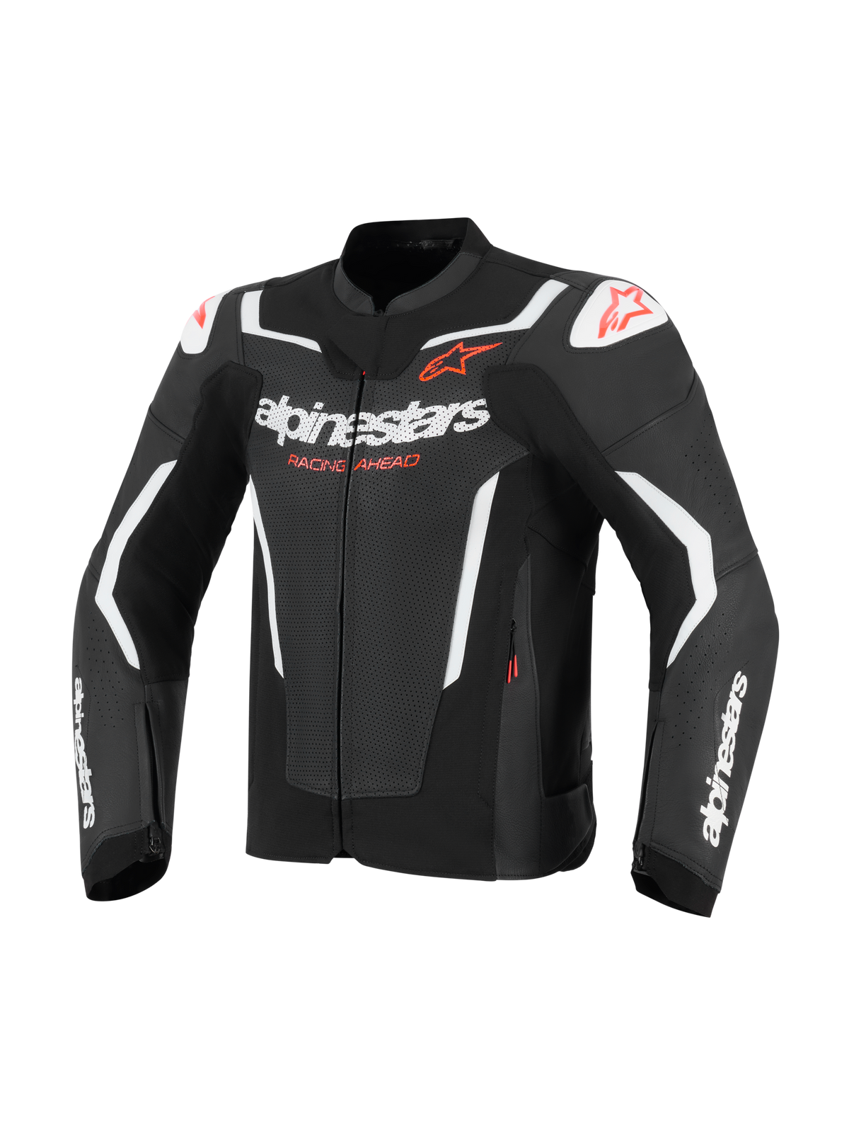 Alpinestars GP Force V2 Air Lederjacke, Motorradjacke, Schwarz und Weiß mit roten Akzenten, perforierte Lederbahnen für Luftzirkulation, weiße Alpinestars-Logos und „Racing Ahead“-Schriftzug, DFS-Schulterschleifer, sportliches Rennsport-Design