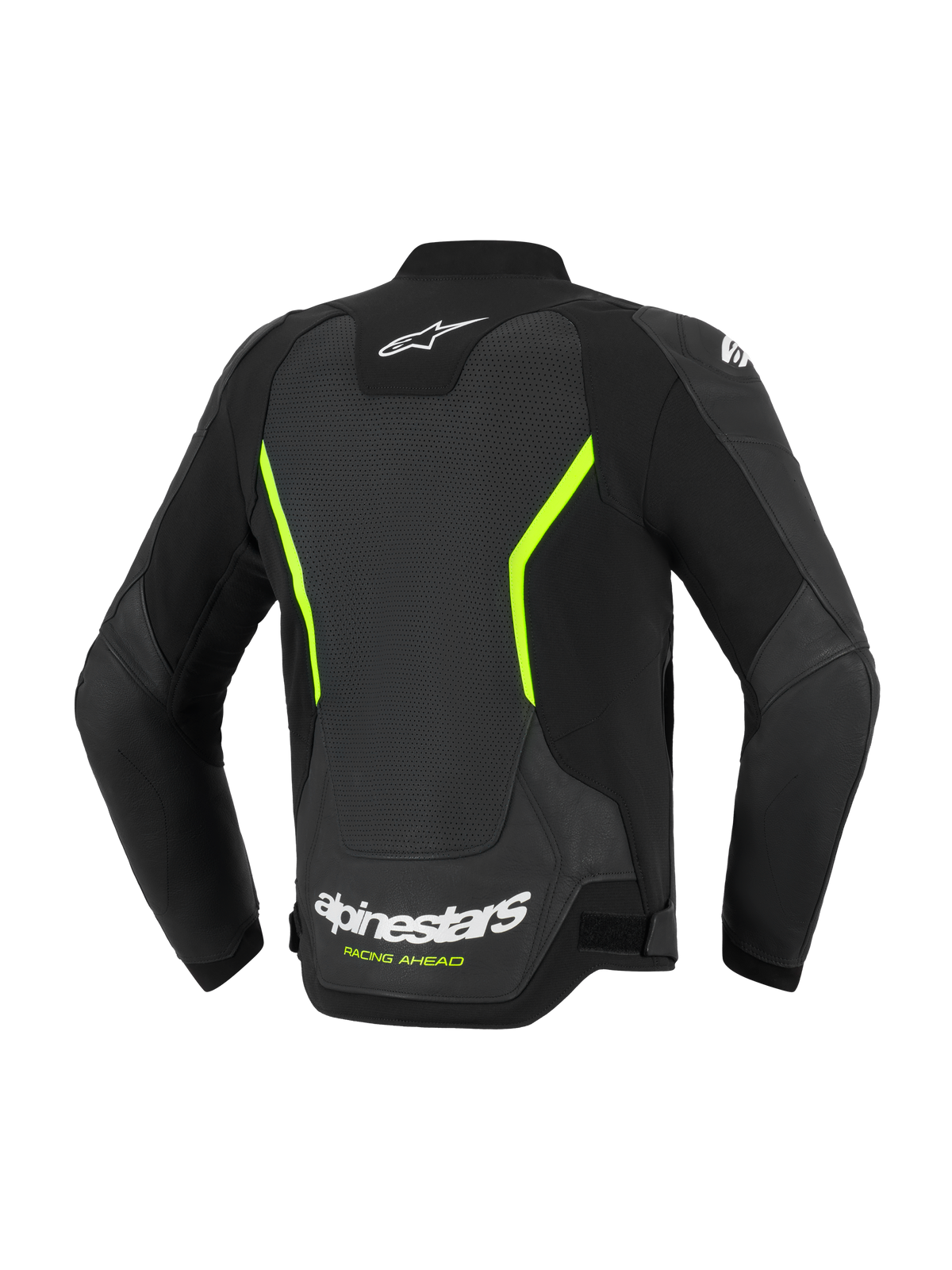 Alpinestars GP Force V2 Air Leather Jacket, Motorcycle Road Jacket, Black and Yellow Fluo, back view showcasing large perforated leather panels, white Alpinestars logos, vibrant yellow accents, and a performance sport fit