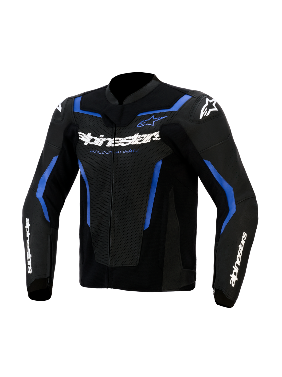 Alpinestars GP Force V2 Airflow Lederjacke, Schwarz und Metallic-Blau, perforierte Ledereinsätze an der Brust, weißes Alpinestars-Branding mit „Racing Ahead“-Schriftzug, sportliches Design mit blauen Akzenten und weißen Stern-Logos auf den Schultern, professionelle Motorradbekleidung