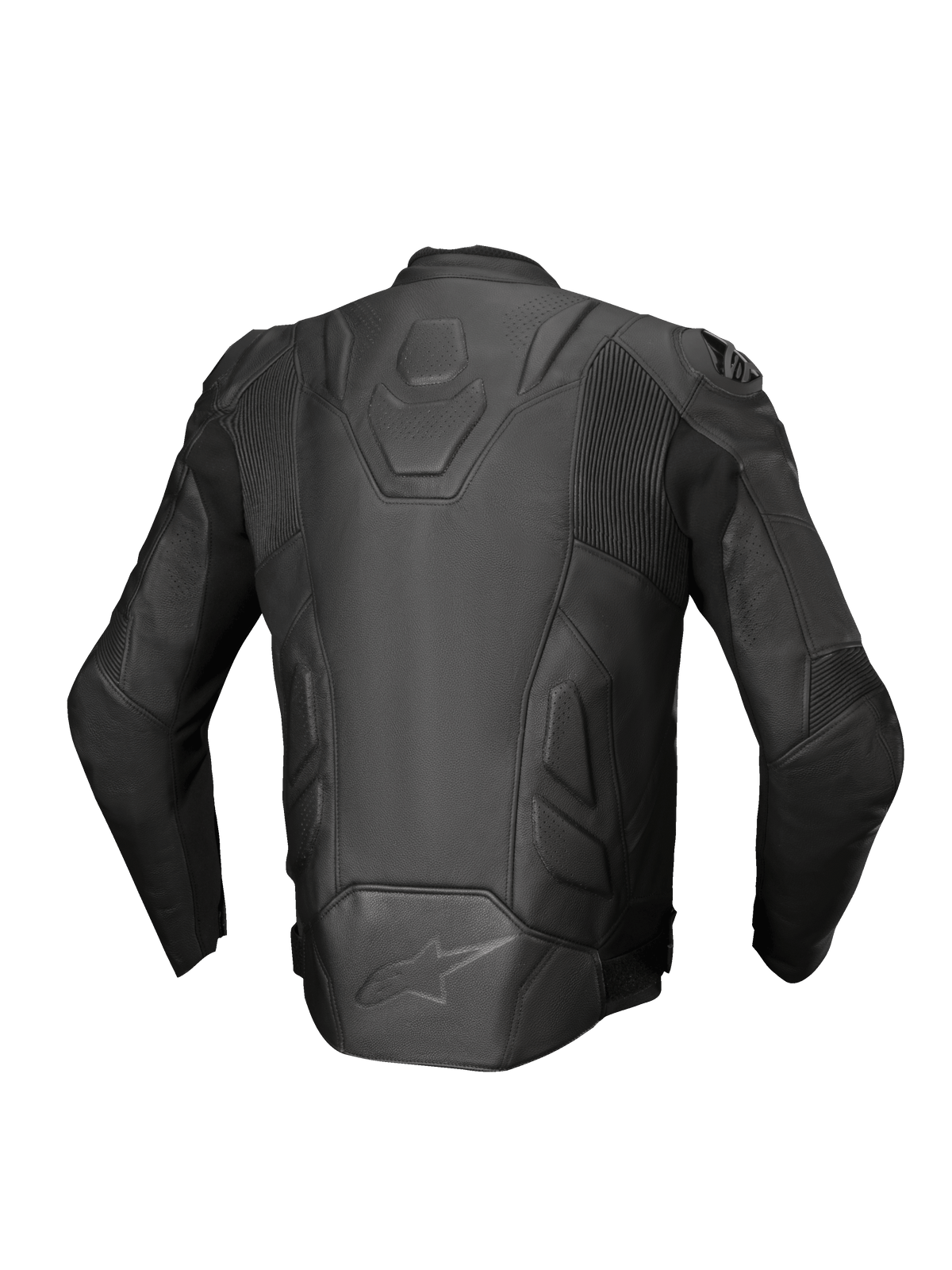 Alpinestars Dusk Leather Jacket, Black motorcycle racing jacket in premium leather with stretch accordion panels, back view.