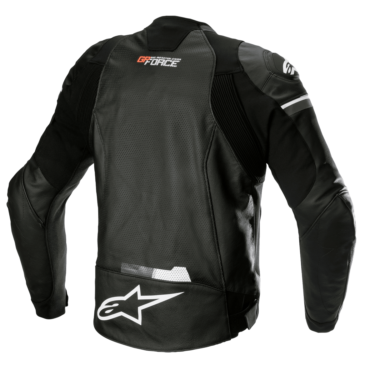 Alpinestars GP Force Airflow Lederjacke, Schwarz, Rückansicht mit perforiertem Büffelleder zur Belüftung, GP Force Branding am Nacken, großes weißes Alpinestars Sternlogo am unteren Rücken, integrierte Stretch-Einsätze für eine sportliche Passform