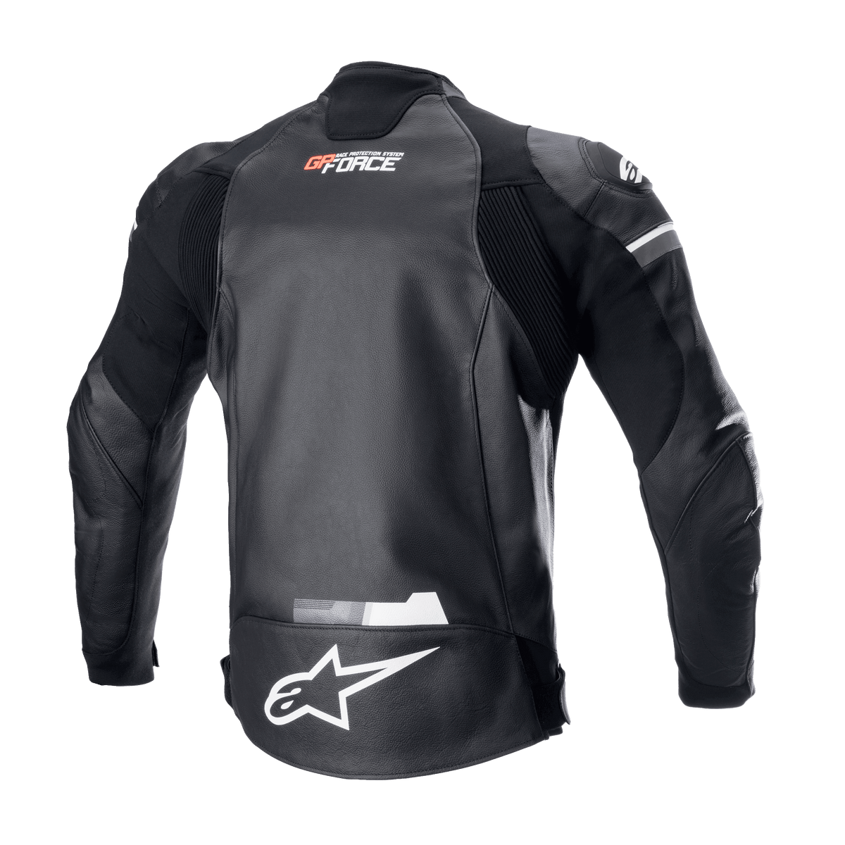 Alpinestars GP Force Lederjacke, Schwarz, Rückansicht mit weißem Alpinestars-Logo auf dem unteren Rücken und GP Force-Branding auf dem oberen Rücken, Akkordeon-Stretcheinsätze und strapazierfähige Rindslederkonstruktion für den Straßenrennsport