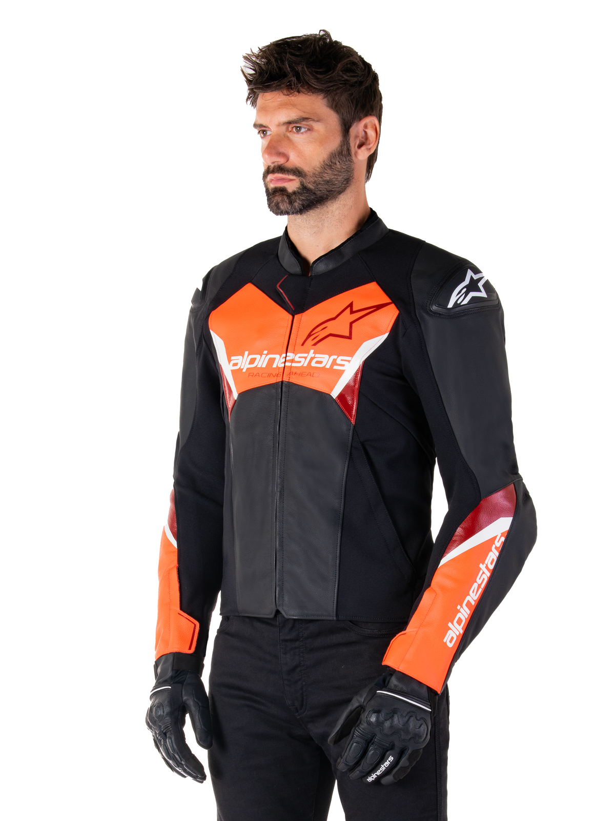 Alpinestars Faster V3 Leather Jacket, Black and Red Fluo, premium sport riding jacket with white and red accents, Alpinestars branding on chest and sleeves, worn with black motorcycle gloves and pants.