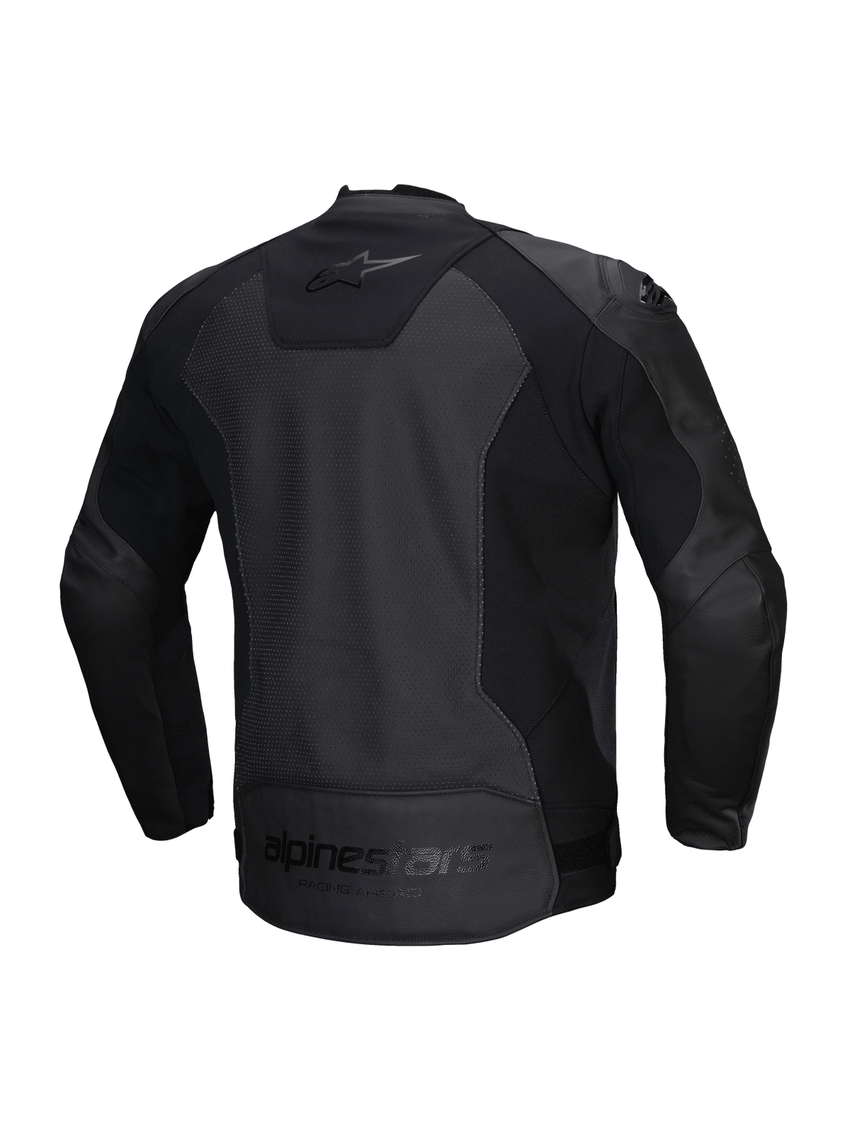 Alpinestars Faster V3 Airflow Lederjacke, Herren-Motorradjacke, Schwarz, perforiertes Leder mit Stretcheinsätzen, Rückansicht mit Stretch-Einsätzen und Branding