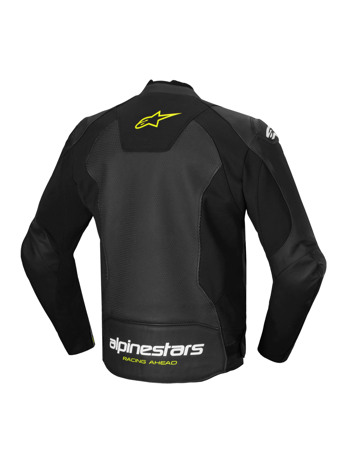 Alpinestars Faster V3 Airflow Lederjacke, Herren-Motorradjacke, Schwarz und Gelb, perforierte Lederkonstruktion mit Stretcheinsätzen und Logo-Branding auf der Rückseite