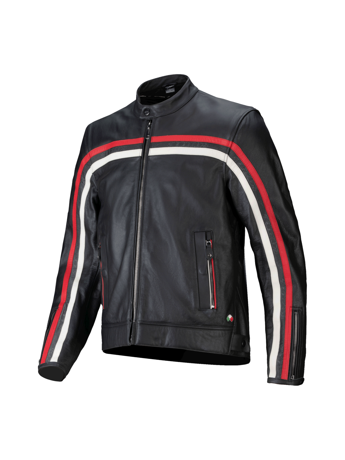 Alpinestars Dyno Lederjacke, schwarze Motorradjacke aus Rindsleder mit roten und ecrufarbenen Streifen, Tech-Air® Ready.