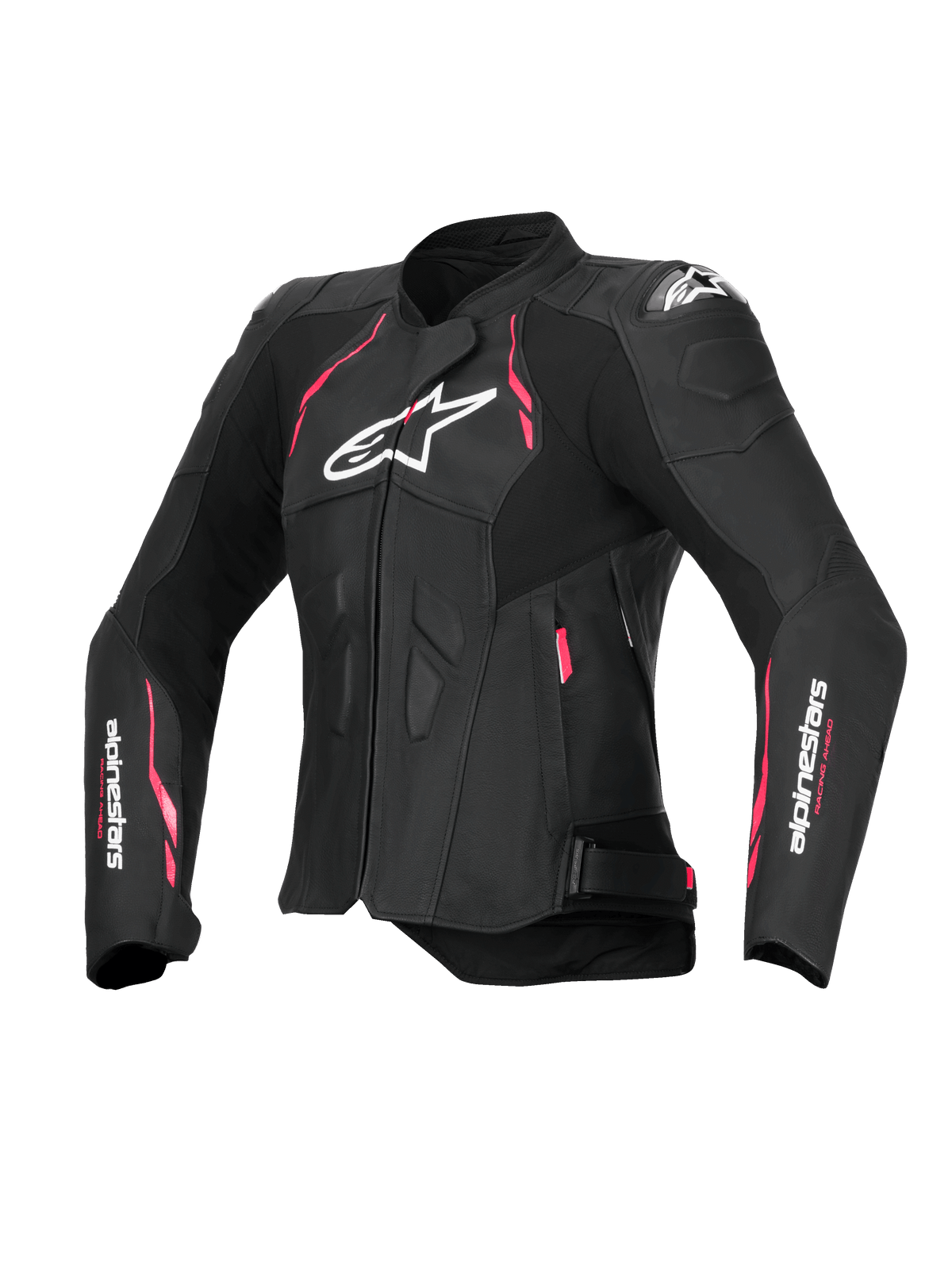 Alpinestars Stella Dusk Leather Jacket, Women's Motorcycle Riding Jacket in Black with Diva Pink and White accents, CE Certified Class AA with external DFS shoulder protection