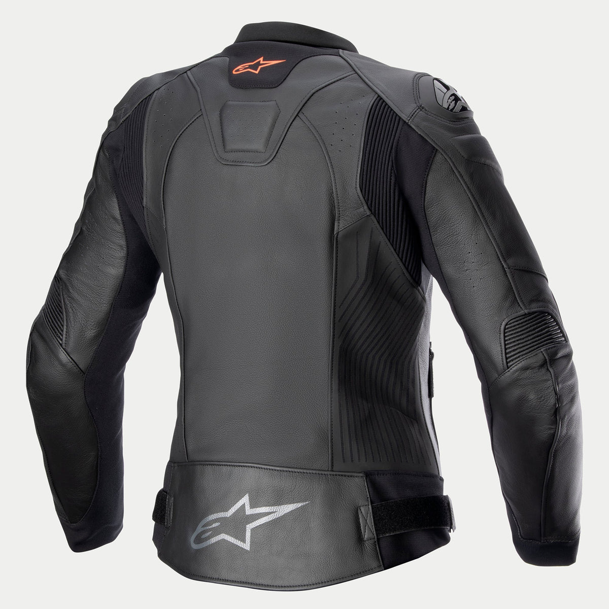 Alpinestars Stella GP Plus V4 Leather Jacket, Women's Motorcycle Leather Jacket, Black, CE Certified Category II Class AA, rear view showing stretch panels and protective armor details