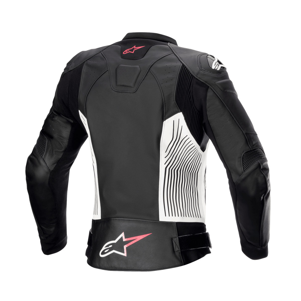 Alpinestars Stella GP Plus V4 Lederjacke für Damen, Schwarz, Weiß und Diva-Pink, Rückansicht, mit weißen Seiteneinsätzen mit schwarzen Grafiklinien, pinken und weißen Alpinestars-Logos auf dem oberen und unteren Rücken sowie Leder-Akkordeon-Stretcheinsätzen für verbesserte Bewegungsfreiheit.