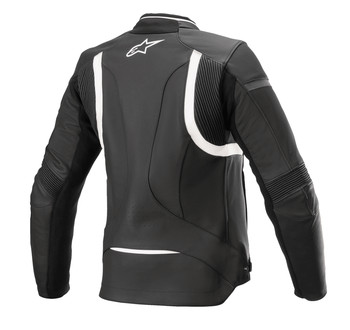 Alpinestars Stella Kira V2 Damen Lederjacke, Schwarz und Weiß, Rückansicht mit Fokus auf Akkordeon-Stretcheinsätzen an Rücken und Ellbogen, verlängerte Rückseite für besseren Schutz beim Fahren, weißes Alpinestars-Logo am oberen Rücken, hochwertige Rindslederkonstruktion.