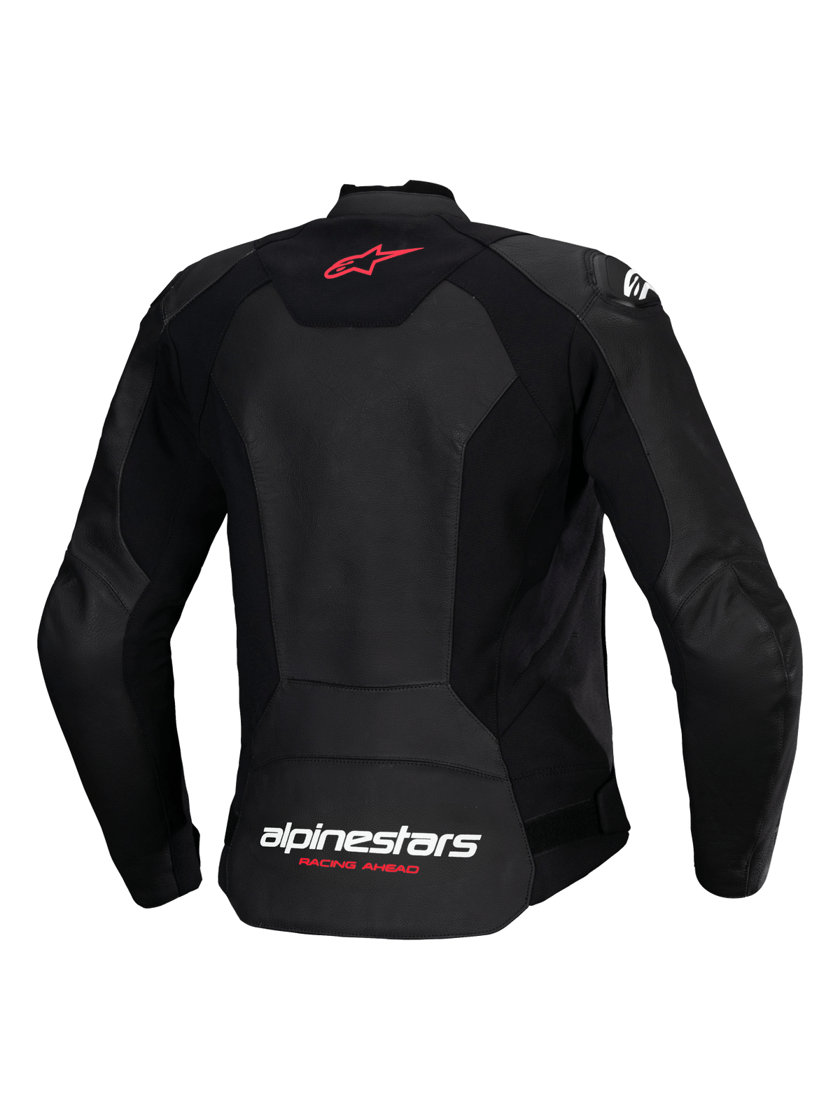 Alpinestars Stella Faster V3 Lederjacke, Sport-Motorradjacke für Damen, Schwarz, Rückansicht mit rotem Stern-Logo auf dem oberen Rücken und weißem Alpinestars-Branding mit „Racing Ahead“-Schriftzug in Fluo Coral auf dem unteren Rücken, konturierte Damenpassform mit hochwertigem Leder und Stretcheinsätzen