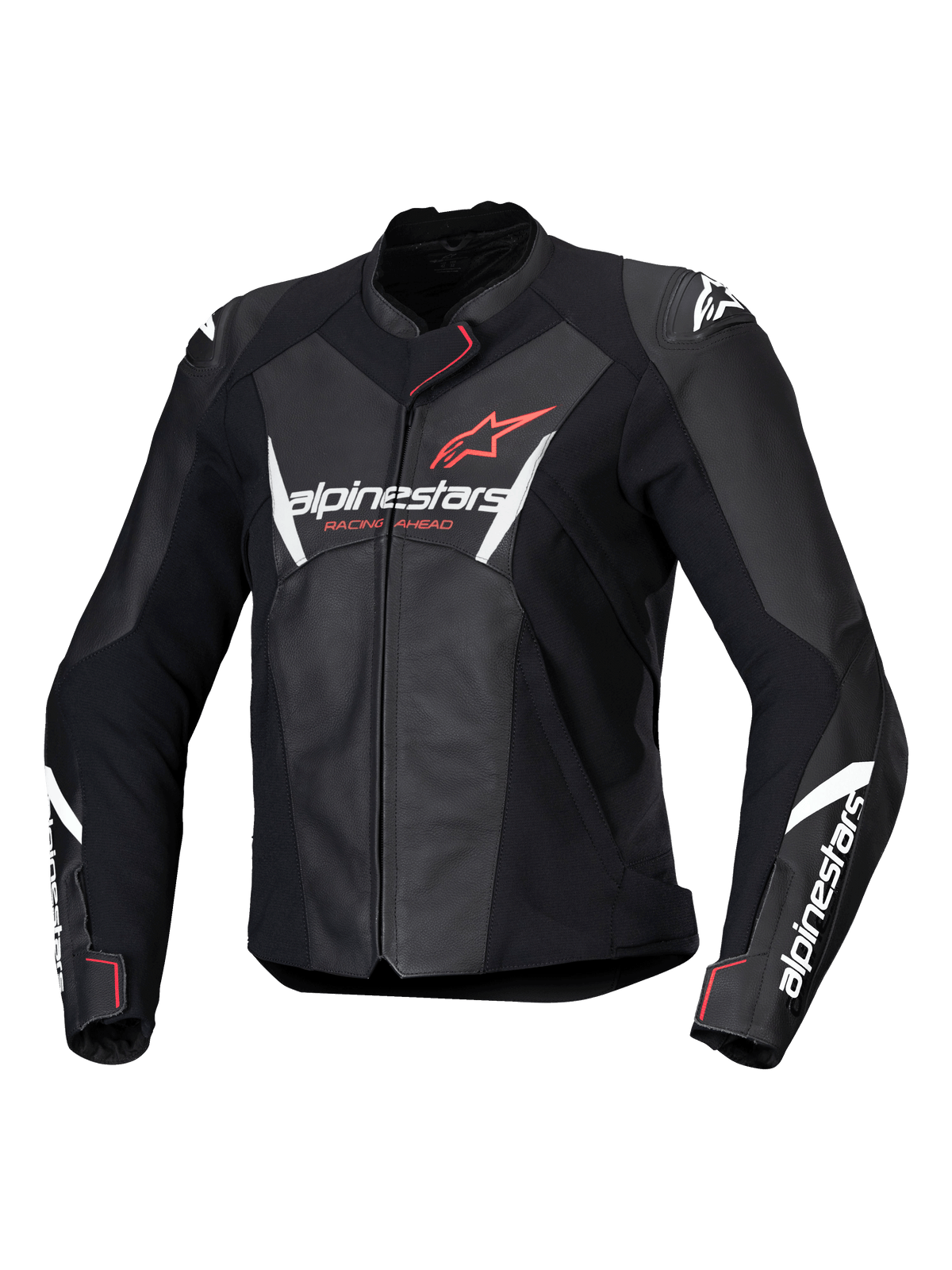 Alpinestars Stella Faster V3 Lederjacke, Damen-Motorradjacke, Schwarz mit weißen und Fluo Coral Akzenten, hochwertige Lederkonstruktion, Alpinestars-Branding auf Brust und Ärmeln, sportliche Racing-Passform mit integriertem Schulterschutz und Frontreißverschluss.